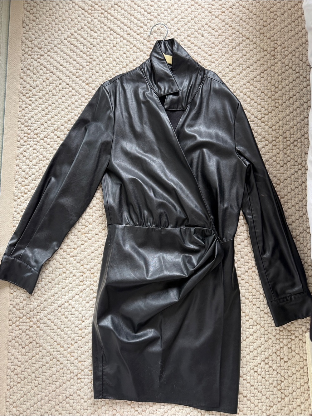 Zara Black Faux Leather Long Sleeve Wrap Dress